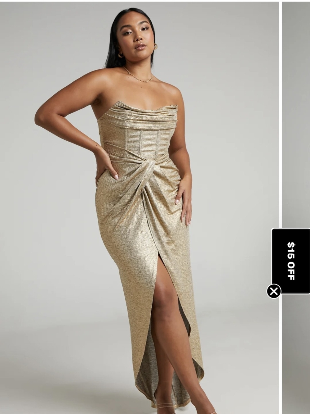Showpo Metallic Gold Strapless Twist Midi Dress
